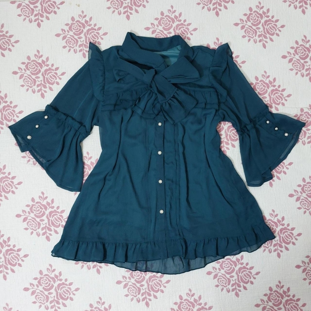 Axes Femme Turquoise Flowy Tie-up Bow Blouse